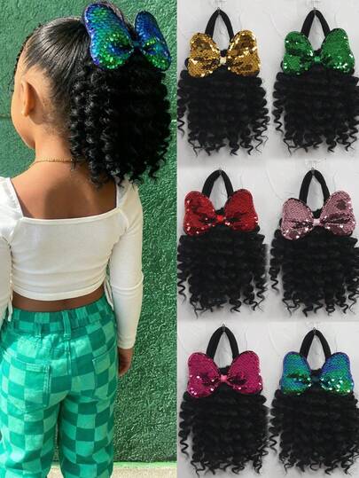 1pc 8inch African Kids Fluffy Hair Bun With Colorful Glitter Bow, Afro Curly Natural Style Synthetic Short Ponytail Wig For Girls Daily & Party Wear