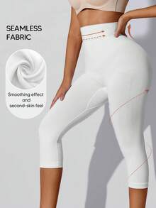 高腰舒适提拉塑形紧身裤，中长七分裤，女士塑身裤 - 白色 - 查看 5