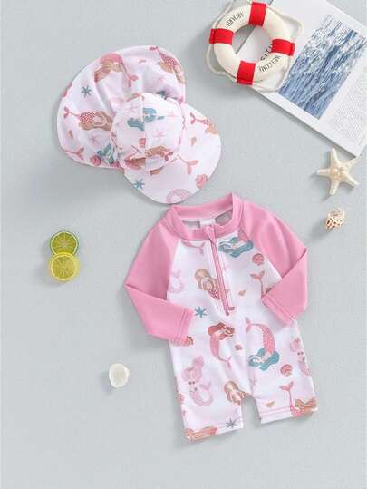 Baby Girl's Bathing Suit Set, Sea Shell Print Long Sleeve Rash Guard Swimsuit Wide Brim Sun Hat Infant Toddler Beachwear