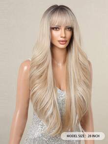 Ombre Flax Gold Long Straight Synthetic Wigs For Women Natural Wave Platinum Blonde Highlight Wigs With Bangs Heat Resistant Cosplay Hair - Multicolor - View 6