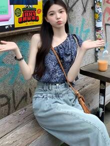 度假风蝴蝶结吊带背心，新款独特泰式优雅女式上衣 - 藍色 - 查看 5