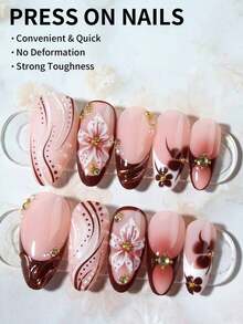 24pcs Almond Shaped 3D Gel Nail Stickers, Floral Nail Art Design, French Tip Style, Medium Size Metal Cross Decor, Pearl Accent, Perfect For Acrylic Nail Tips, Includes: 1pc Jelly Gel And 1pc Nail File. Almond Shaped French Nail Stickers, Suitable For Women's Daily Work, Festivals And Parties. Nails Nail Supplies - 棕色 - 查看 4