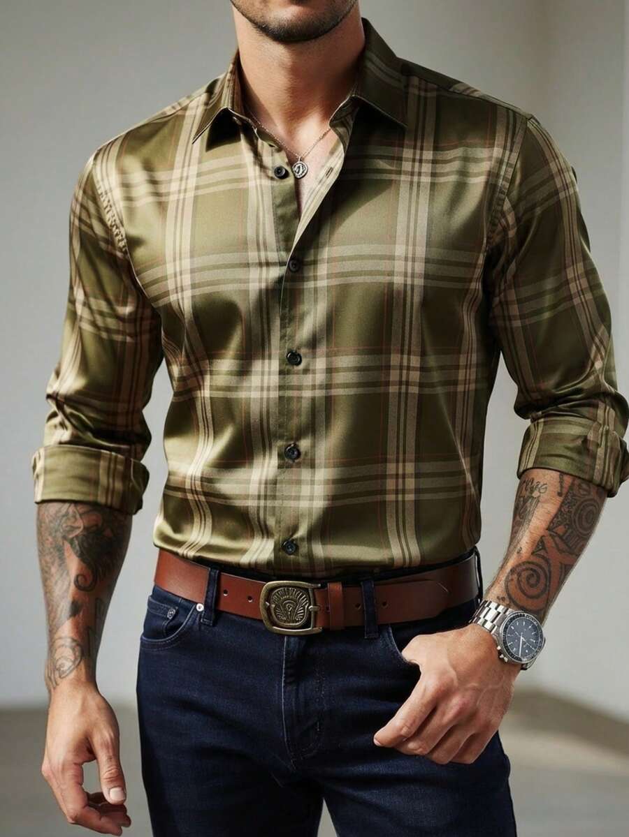 Áo sơ mi nam dài tay kẻ caro dáng suông, kiểu dáng thường ngày.
