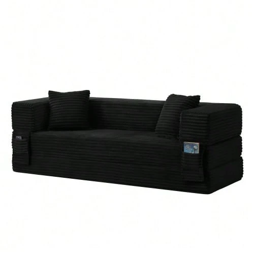 Modern Corduroy Sofa With A  Look, Classic Square Design, Unique Two-Level Design, Convertible Into A Bed, Ideal For Apartments And Large Rooms. - 黑色 - 查看 1
