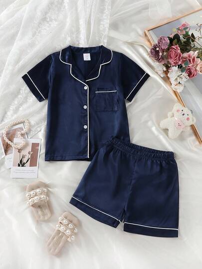 2pcs Flame Retardant Solid Color Short Sleeve Pajama Set With Shorts