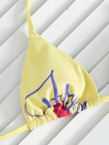 女士黄色印花比基尼套装，三角挂脖滑动罩杯细系带比基尼上衣，侧边系带比基尼下装，低腰高衩性感夏季海滩度假装 - 黃色 - 查看 4