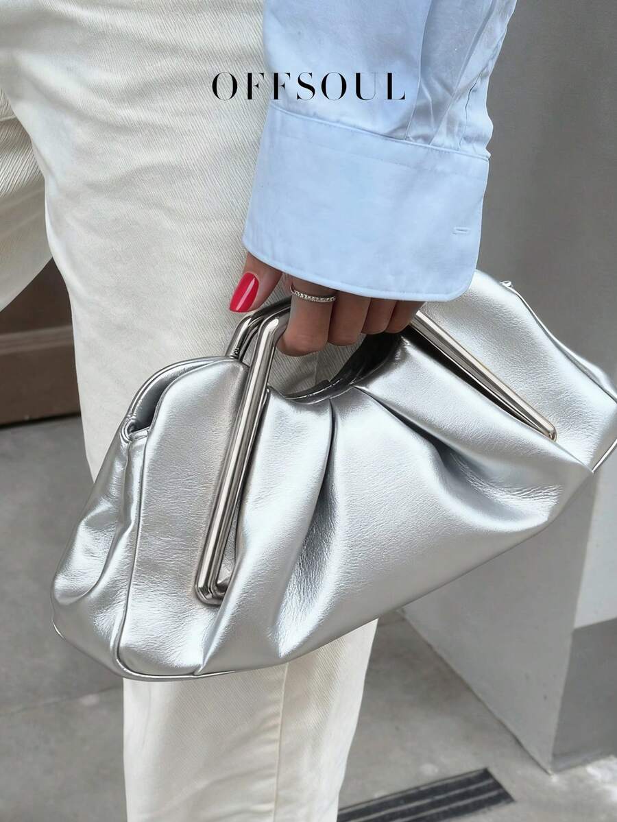 European And American Personalized Ruffle Cloud Clutch Bag, New Asymmetrical Metal Hardware Handbag, Retro Elegant Party Evening Bag - Silver - View 1