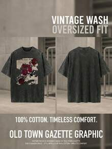 Women's Vintage Newspaper Print Short Sleeve T-Shirt - Plus Size Retro Patchwork Style Casual Round Neck Tee For Summer, Suitable For Casual Wear, Layering - Machine Washable Vintage T-Shirt Black - Black - View 6