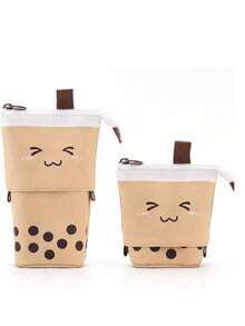 Cute Multi-Functional Pen Holder, Pencil Case, And Makeup Bag - Convertible Pull-Down Canvas Pencil Case Stationery Bag - Pearl Milk Tea Shape - View 7