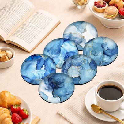 6pcs Marble Pattern Coaster Set, Includes Tea Cup, Water Glass, Wine Glass, Coffee Cup Coasters, Round Absorbent Silica Gel Coasters, Home Decor, Party & Tableware Gift Set, Suitable For All Seasons