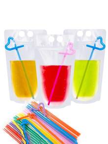 Semi-Transparent Zip Drink Bags With Handle And Straw Opening, Reusable Plastic Material For Cold Drinks, Cocktails, Wine. Portable Design Perfect For Outdoor Picnic, Holiday Party, Home Use. Sturdy Seal Prevents Leakage, Easy To Clean And Reuse For - 20pcs - View 2