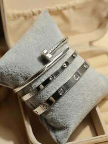 Bộ 3 vòng tay hình trái tim bằng thép không gỉ, đính đá Cubic Zirconia, trang sức thời trang phù hợp cho nữ giới đeo hàng ngày và làm quà tặng. - Bạc 1 - Xem 6