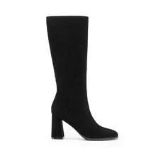 Women's Square Toe Gogo Boots Chunky Heel Classic Solid Color Knee High Boots With Side Zip Fashionable Tall Boots - 黑色絨面革 - 查看 5
