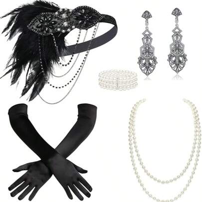  BABEYOND 1920s Accessories For Women - Flapper Headpiece Feather Great Gatsby Accessories For Women Pearl Necklace Gloves