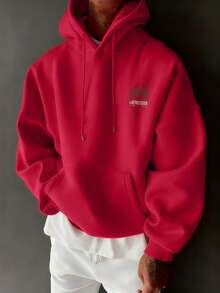 Camvyn Áo hoodie dài tay in chữ dành cho nam, có túi và dây rút, kiểu dáng thường ngày cho mùa thu/đông. - Đỏ - Xem 2