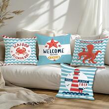 4件套夏季海洋航海灯塔螃蟹章鱼卡通图案抱枕套，单面柔软桃皮绒材质，45*45厘米枕套，适合房间装饰、室内沙发客厅装饰、派对装饰，装饰抱枕套礼品 - 彩色 - 查看 9