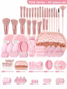 47pcs Makeup Brush Set, Powder Puff & Makeup Sponge Combo, All-In-One Facial Makeup Tool Kit For Daily Use - Baby Pink - View 12