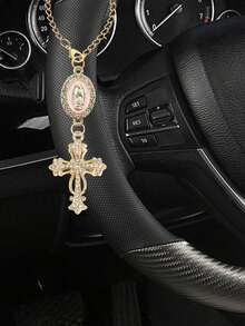 1pc Steering Wheel Decor Chain - Virgin Mary Pendant And Diamond Cross Steering Wheel Accessory, Multi-Color Options; Catholic Pendant, Car Accessories, Cross Keychain, Adjustable Chain, Fashion Accessory - A - View 2