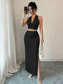 abyoxi Bộ đồ 2 mảnh thời trang mùa hè gồm áo tank top crop cổ chữ V khoét sâu, lưng buộc dây, phối cùng chân váy maxi xếp ly xẻ tà ôm sát. - màu đen - Xem 8