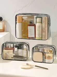 10件套女士大容量拉链化妆旅行收纳包 - 高品质化妆包和洗漱包，轻便PVC材质，易清洁拉链设计，适合健身、度假、通勤，时尚简约设计，美容必备 - 無色 - 查看 1