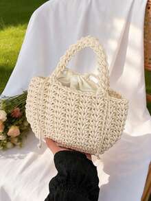 可爱棉绳编织手提包，简约草编托特包，度假风沙滩包，独特女童包 - 白色 - 查看 8