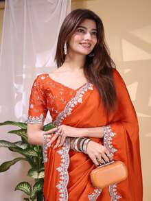 Estationeryhouse Satin Saree With Silver Embroidery With Heavy Embroidered Unstitched Blouse - Orange - View 5