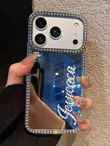 [Customized] Personalized Rhinestone Name Makeup Mirror Phone Case Compatible With IPhone 17 16 15 14 Plus 13 12 11 Pro Max 17Air, Shockproof Protective Back Cover - Silver - View 5