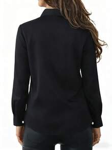 Women's Fashion Minimalist Turndown Collar Long Sleeve Blouse, Satin Texture Commuter Versatile Top Spring Black - Black - View 2