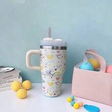 600ml Thermal Mug With Handle, Lid And Straw – Flower Print 1866-600ml - 淺褐色的 - 查看 2