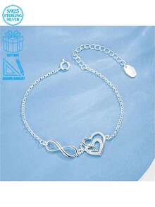 925 Silver Minimalist Zirconia Heart-Shaped Infinity Bracelet, With Creative Infinity Symbol And Heart Design, High-End Accessory For Women - Silver - View 7