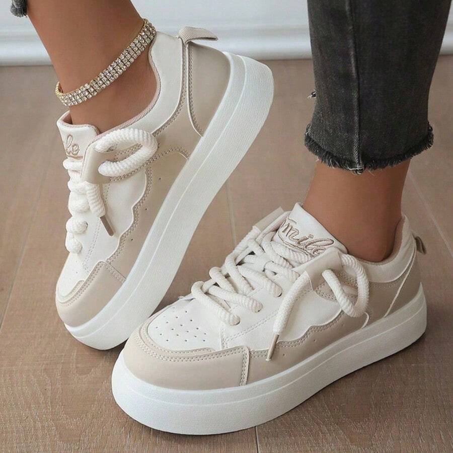2026 Baskets décontractées polyvalentes pour femmes à semelle épaisse, style athlétique à lacets color block, convenant pour le printemps, l'été, l'automne et l'hiver - Kaki - Voir 1