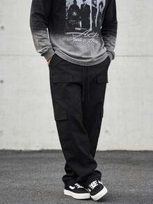 Men's Casual Street Style Cargo Pants - Loose Fit Wide Leg Trousers, Multi-Pocket Design, Drawstring Waist, Solid Color For Daily Wear, Elastic Waistband With Drawstring, Suitable For All Year Round - الأسود - مشاهدة 3