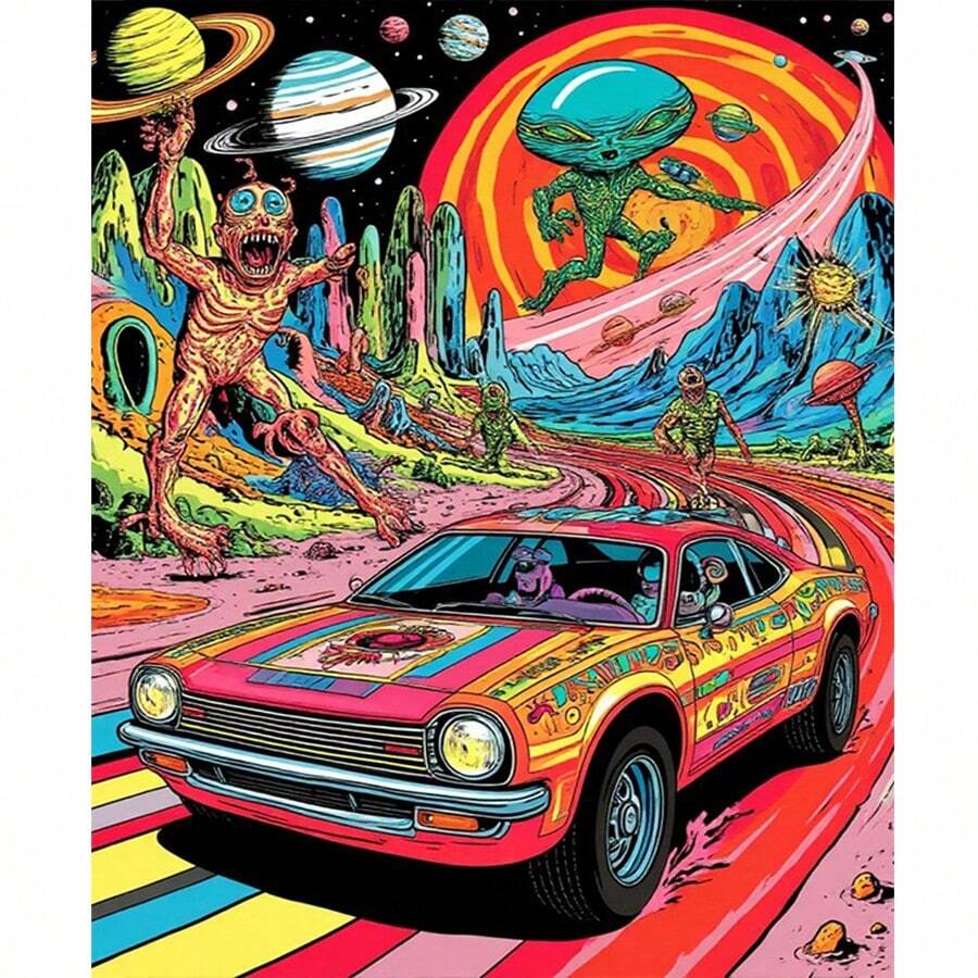 1幅2D DIY钻石画，宇宙奇幻外星人赛车场景，完美的节日礼物 - 查看 1