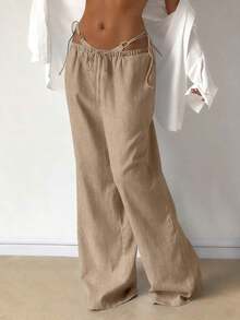 Women's Casual Comfortable Versatile Linen Loose Flowy Wide Leg Pants Spring - 杏色 - 查看 3