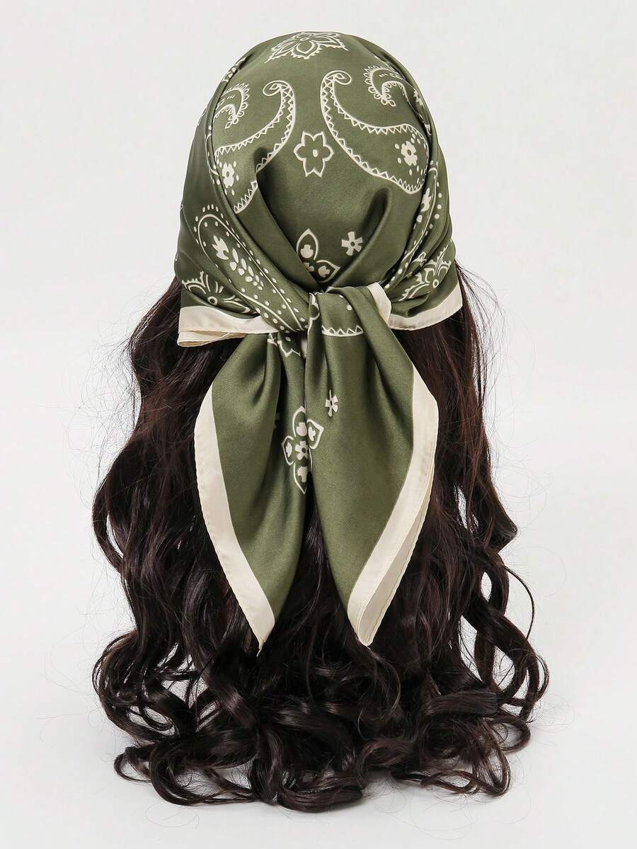 1pc 70*70cm Square Silk Scarf, Women's Satin Printed Headscarf, Neckerchief, Headband, Fashion Ladies Shawl, Scarf - Green - View 1