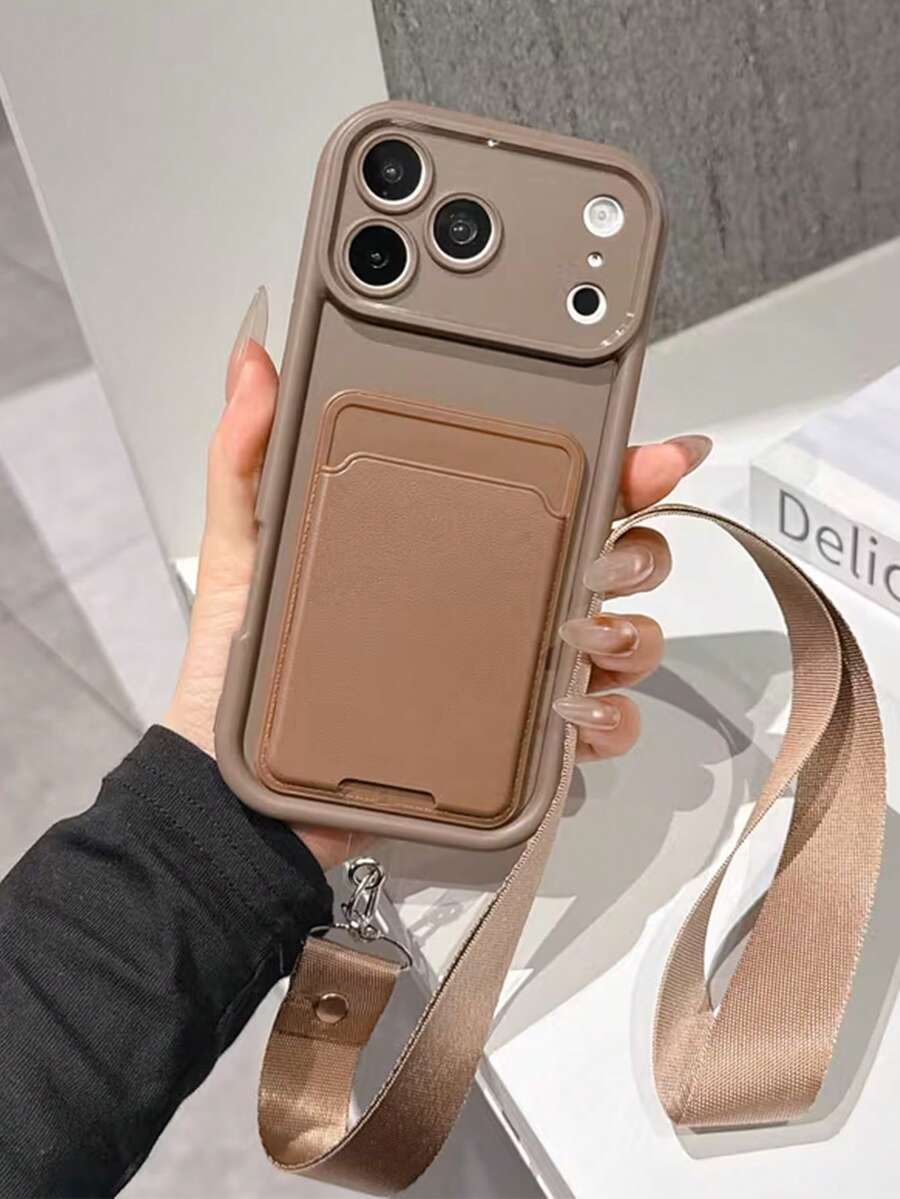 钥匙扣/挂绳 1 件装 时尚简约纯色卡包手机壳，带可拆卸挂绳，适用于 17/17 Pro Max/17 Air/16/15/14/13/12/11 系列 - 棕色 - 查看 1