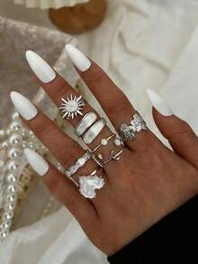 20/13/6件套复古优雅波西米亚风女士不规则褶皱彩色宝石、猫眼石、向日葵、心形组合金属戒指套装，适合日常、派对、婚礼、节日、情人节、约会佩戴（随机发货） - 銀色 - 查看 7