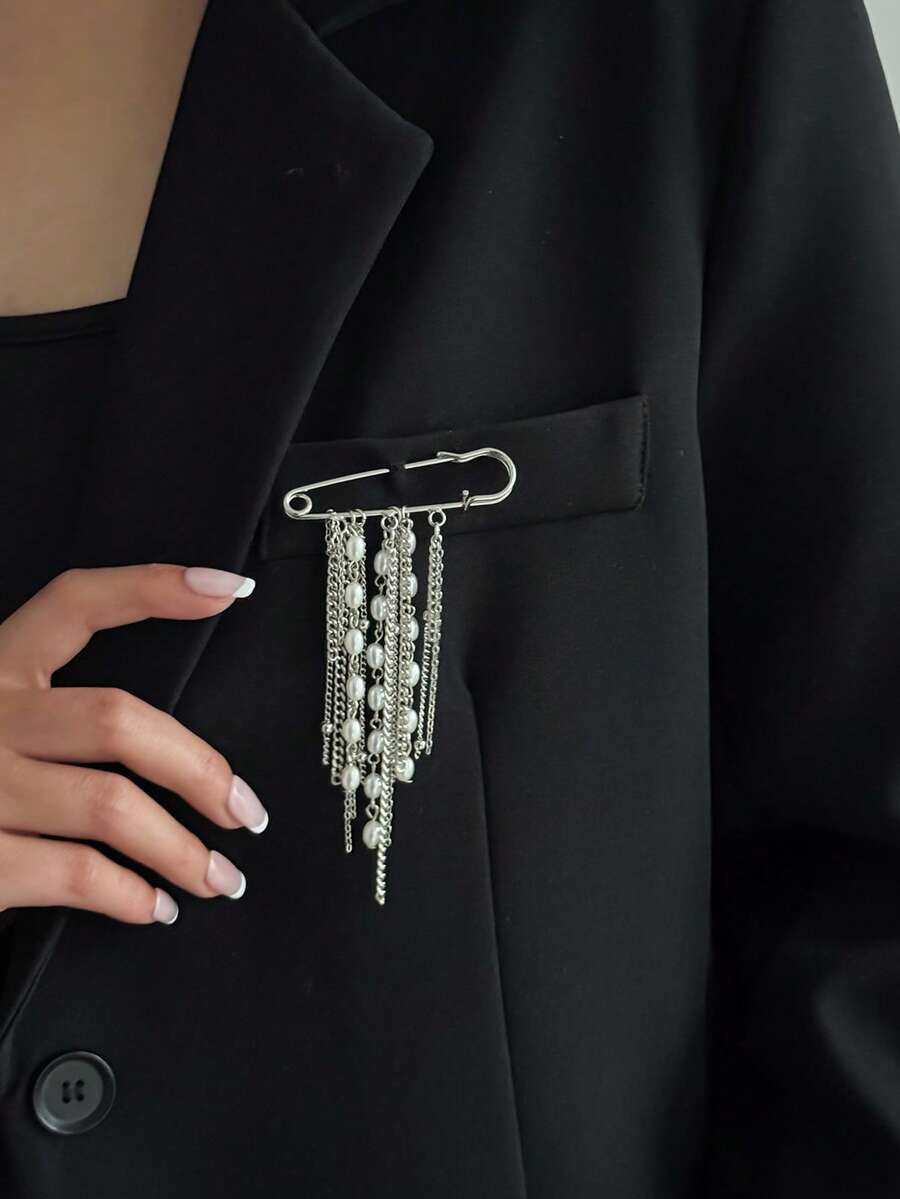 1pc Bohemian Geometric Irregular Faux Pearl Chain Brooch, Elegant Luxurious Daily Casual Wear, Party, Date, Women's Festival Birthday Versatile Jewelry Gift - Brooch - View 1