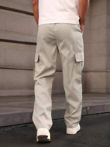 Homme Pantalones de carga con cintura con cordón y bolsillos, unicolor, para otoño - Caqui - Ver 2
