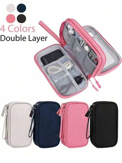 2pcs/1pc Portable PVC Transparent Mini Data Cable Storage Bag With Double Zipper, Suitable For Data Cables, Chargers, Earphones, Jewelry And Small Accessories, Hearing Aids, Travel Bags, Keys, Coins, Etc. Very Convenient For Travel And Daily Carry