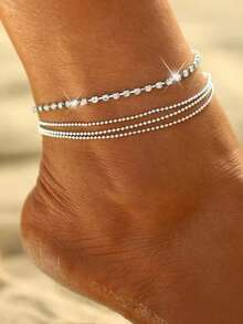 1pc 4-Layer Tassel & Rhinestone Anklet, Suitable For Women's Daily Wear And Vacation - Silver - View 1