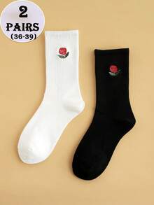 2 Pairs Rose Embroidery Retro Style Moisture-Wicking Breathable Crew Socks, Suitable For Campus, Daily Wear, Unisex - Black and White - View 10