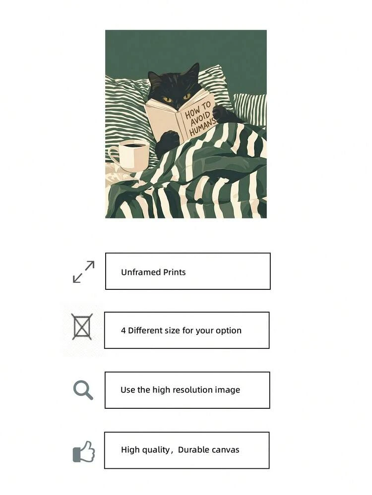 1pc Frameless Black Cat Reading Wall Art Print, Vintage Cat Lying On Green Striped Bedsheet, Whimsical Poster For Bedroom, Living Room, Dorm, Or Study, Cat Lover Decoration, Wall Art, Essential For College Dorms, Unique Gift And Home Decor - Cat - View 5