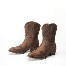 Women's Western Ankle Boots - Cowboy Cowgirl Style, Low Chunky Heel, Square Toe, Fall Short Booties Shoes - 摩卡棕 - 查看 5