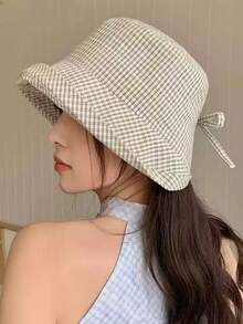 复古格子防风渔夫帽，女士夏季防晒宽檐帽，时尚修脸渔夫帽，休闲涤纶透气防紫外线帽，春夏款 - 帽子 - 查看 3
