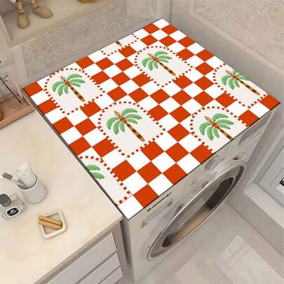1pc Red & White Plaid Arch Palm Tree Pattern, Silica Gel Washing Machine Dryer Top Cover Pad, Anti-Slip, Suitable For Laundry Room, Bathroom, Home Decor