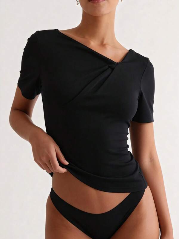 Women's Solid Color Short Sleeve T-Shirt, Casual Versatile Solid Color Top, Women's Solid Color Short Sleeve T-Shirt, Unique Neckline Design