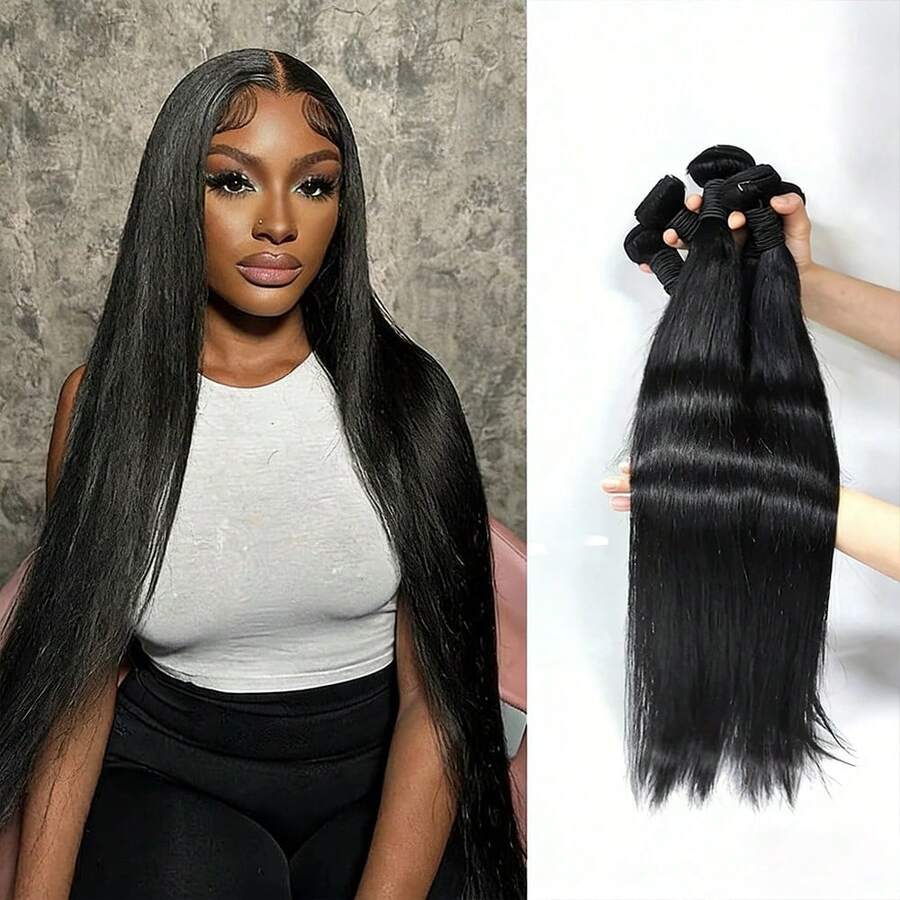 Bundles Straight Hair Bundles 26 28 30 32 Inch Unprocessed Virgin Weave 4 Bundles Human Hair 4 Bundles Hair Extensions Natural Color For Women - Natural Black - Xem 1