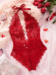 新款深V领蕾丝性感内衣，透视露背连体裤，性感女士贴身衣物，狂欢节派对服装，情人节礼物 - 酒紅色 - 查看 2
