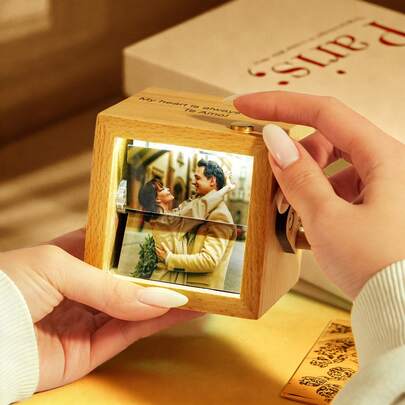 Hộp ảnh hoạt hình lật trang cá nhân hóa, hộp ảnh gỗ tùy chỉnh có đèn, hộp ảnh quay tay, quà tặng sinh nhật/kỷ niệm sáng tạo dành cho phái nữ